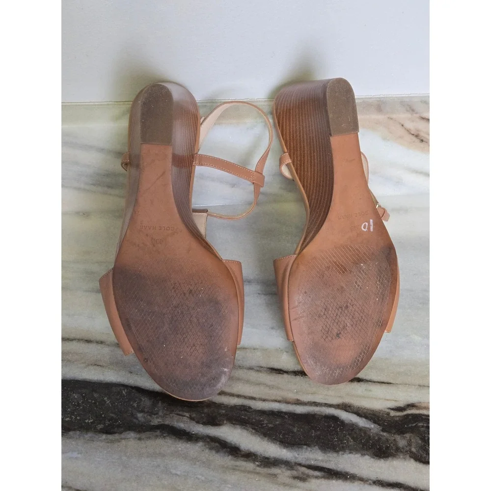 Cole Haan Tan Leather Wedge Sandals‎ Peep Toe T-Strap W14236 Womens 10B